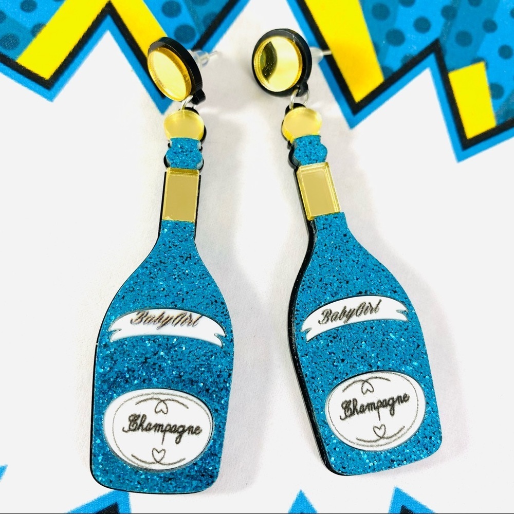 Funky and fun turquoise glitter laser cut acrylic Baby Girl champagne earrings